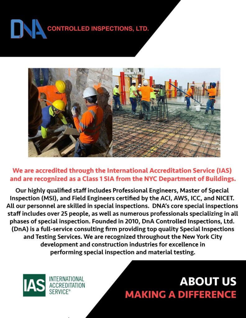 2022 Brochure. DnA Controlled Inspections, Ltd. (DnA) proudly presents to you our Brochure for Special Inspection Services. Download PDF.