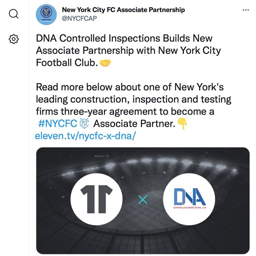 DNA Controlled Inspections, has signed a three-year agreement. Builds new NYCFC Associate Partnership. Read the Full Article. Press Release